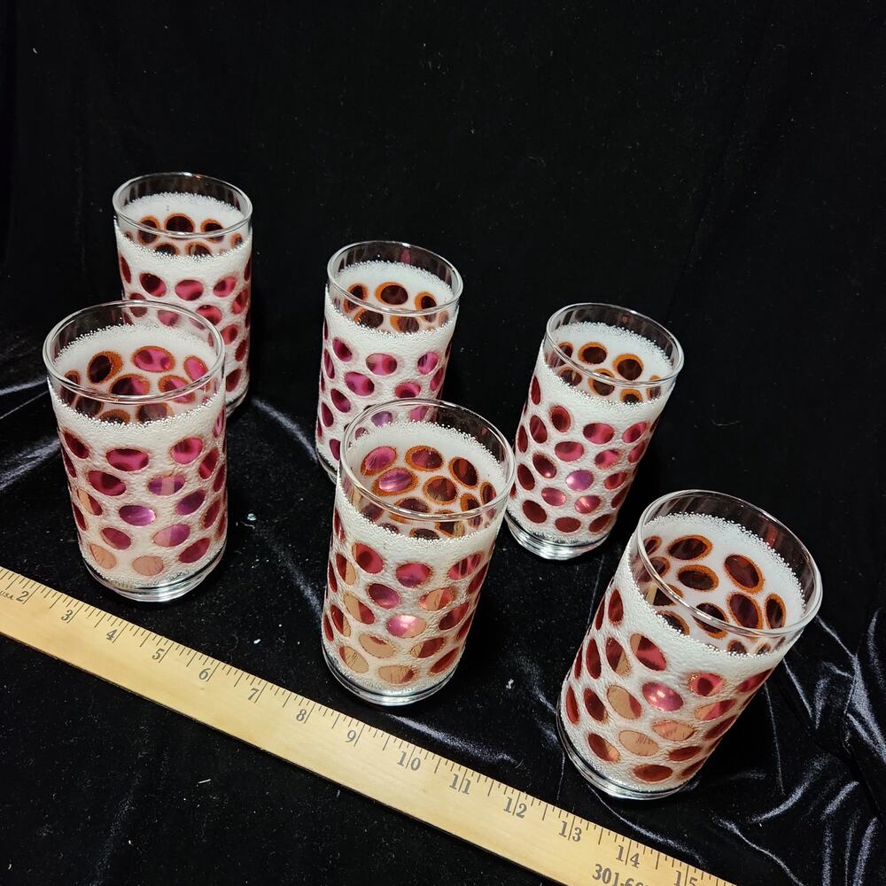 VTG Set of 6 Frosted Glass Tumblers Pink Cranberry Coin Dot Polka Dots Highball